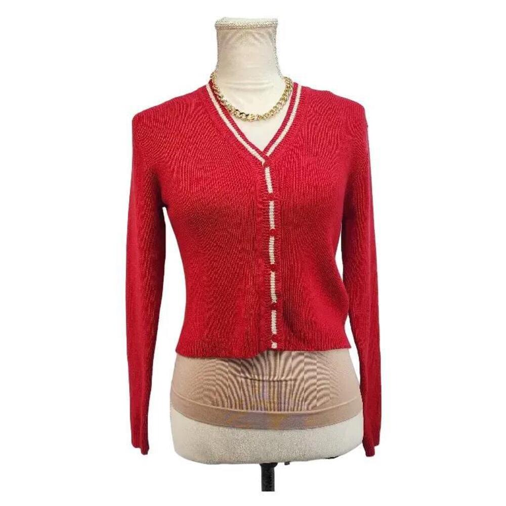Esprit. Y2K, Red & Cream Cropped Cardigan. Size: Large